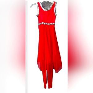 Dance Wear Red Embellished Sequin Beaded Formal Ballerina Skirted Leotards EUC